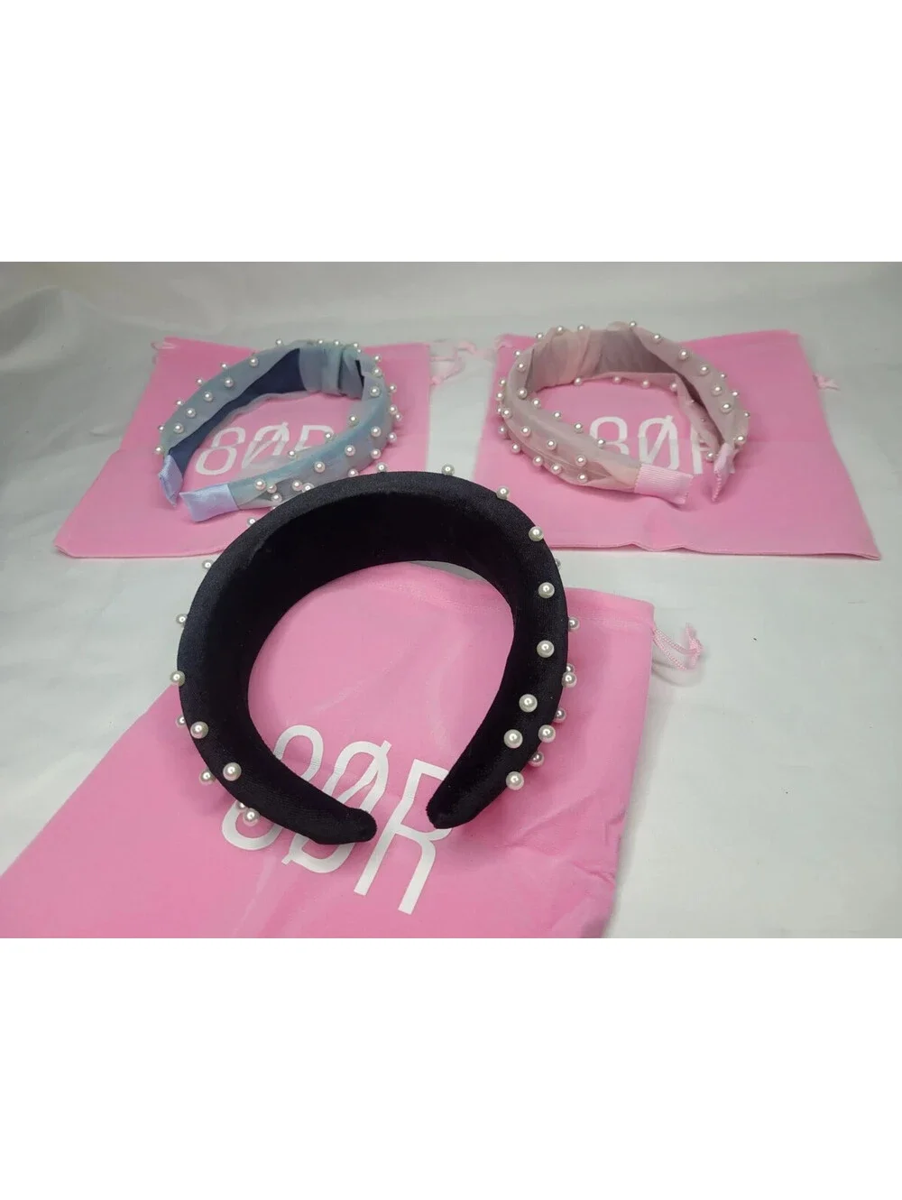 Lot of 3 Faux Pearl Jeweled Headband w/Pouch black pink blue by 8 Other Reasons